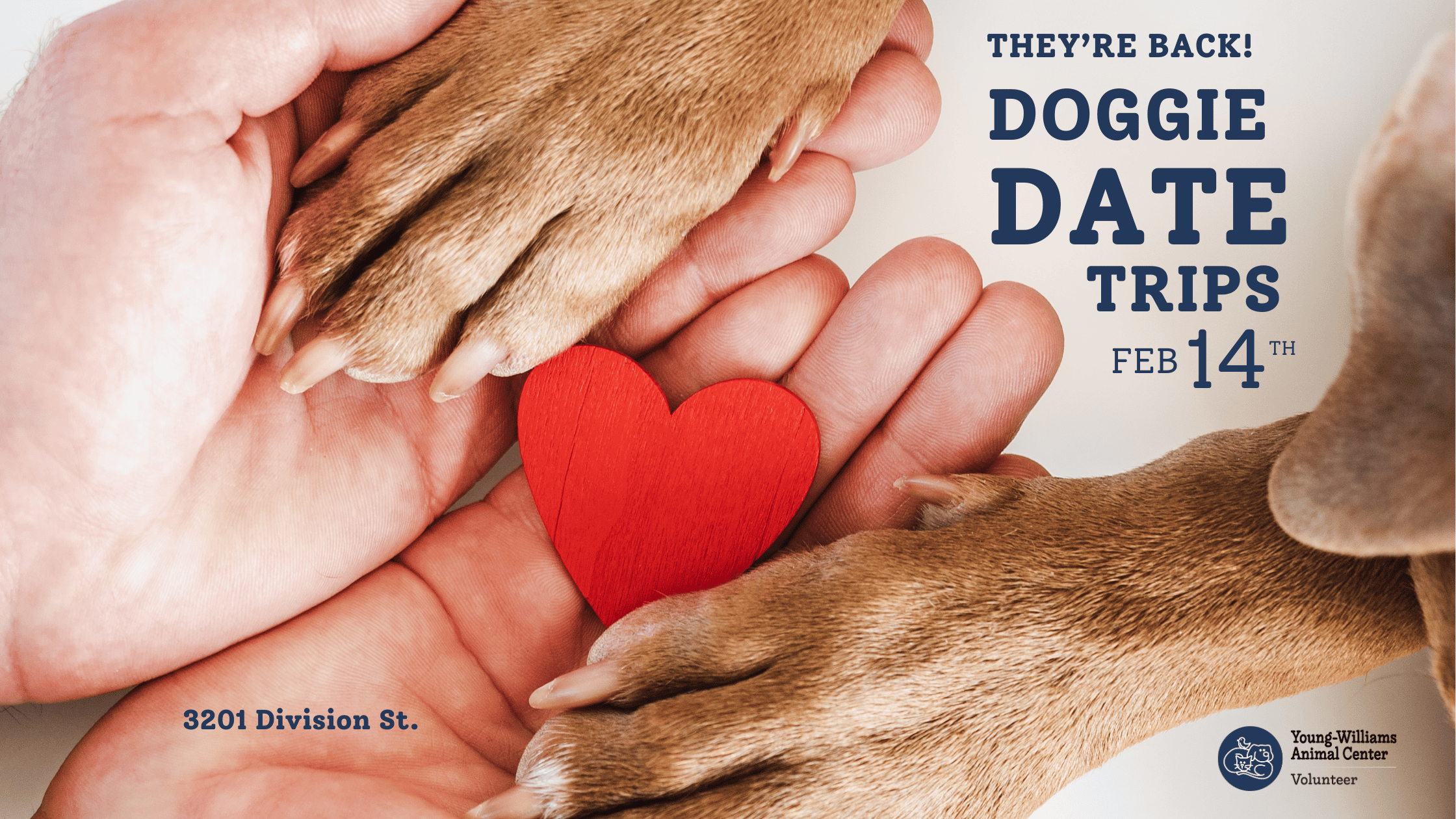 graphic featuring a photo of a dog's paws resting in a human's hands with a heart shape in the middle, text reads "they're back, doggie date trips". 
