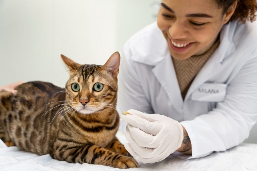 woman (WOC) vet feeding a treat/pill to a cat